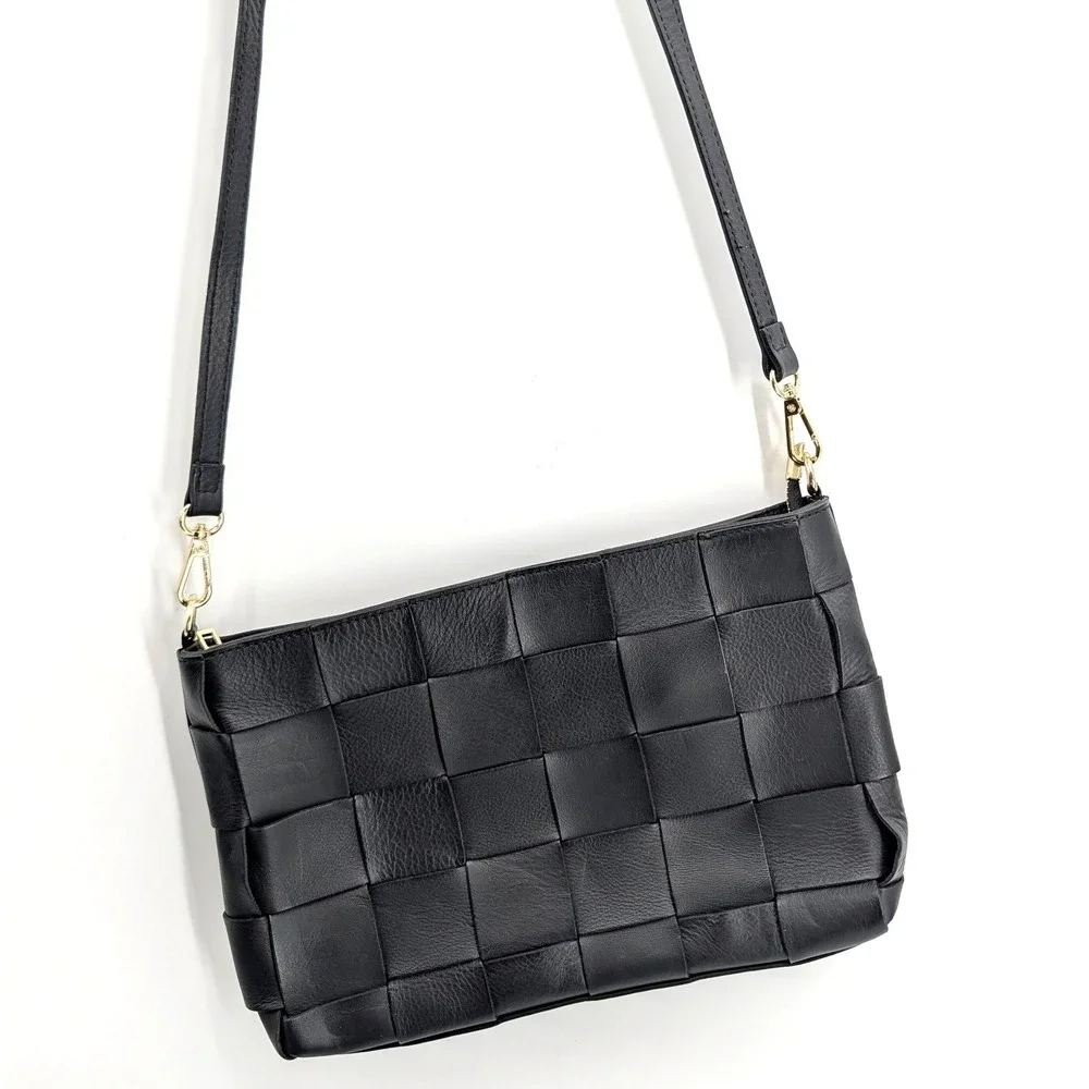 Anna Paola Black Woven Leather Crossbody Bag Made in Italy Gold Hardware